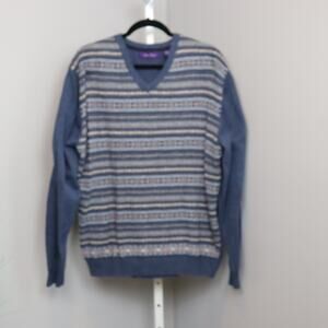 Alan Flusser Men’s Cotton Sweater Blue Fair Isle Stripe XL